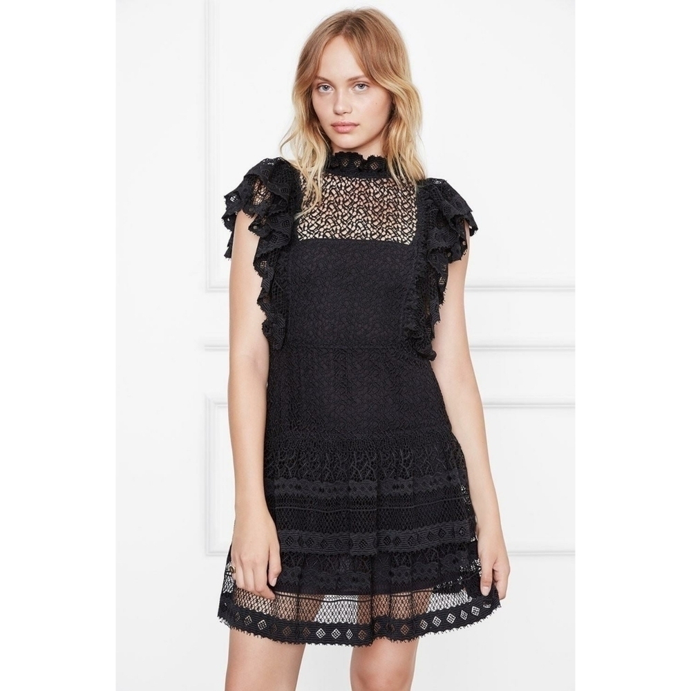 Anine Bing Penelope Lace Ruffle Black Dress Small S